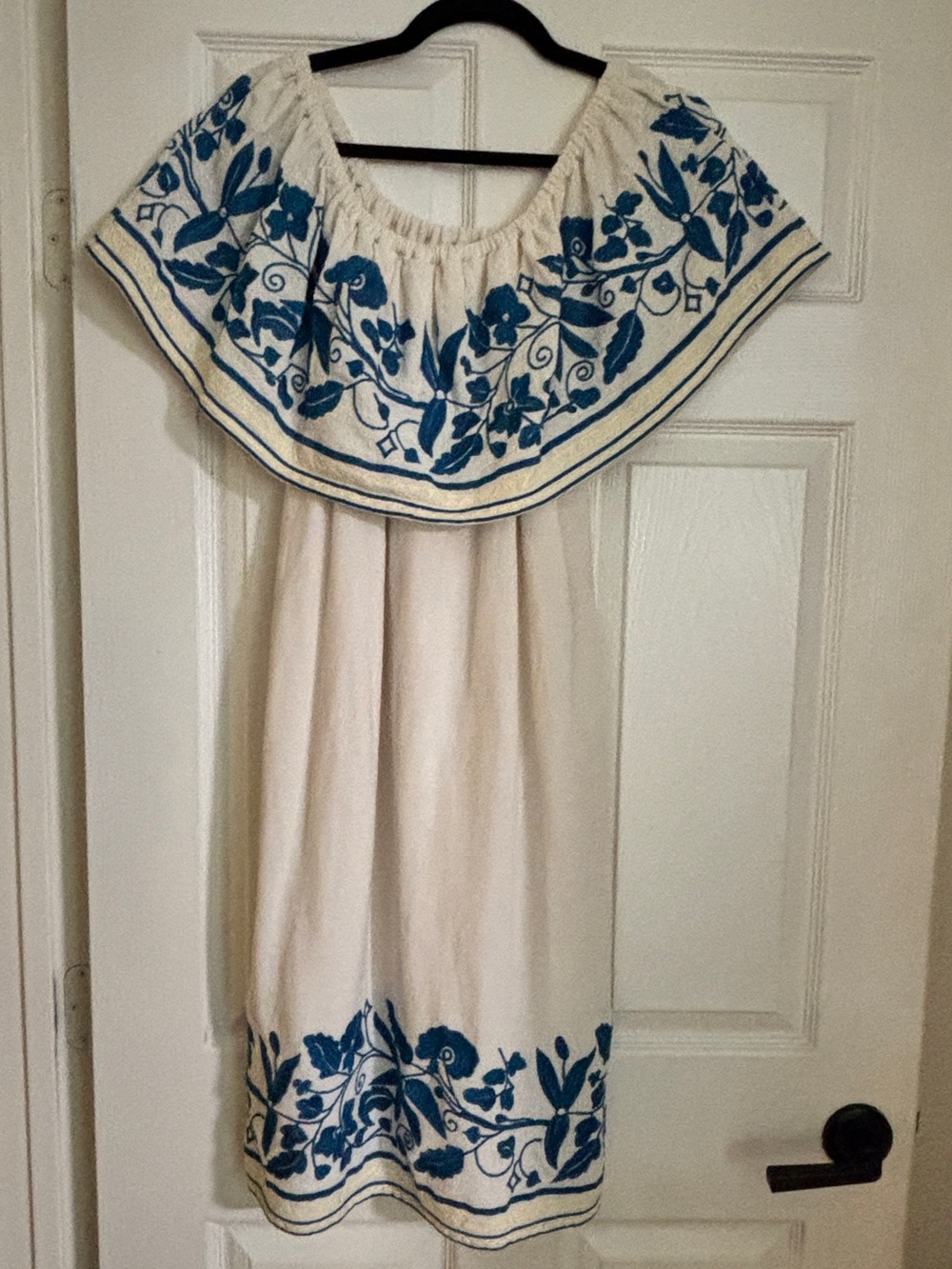 Scotch & Soda Cream One-Shoulder Dress with Blue Floral Embroidery